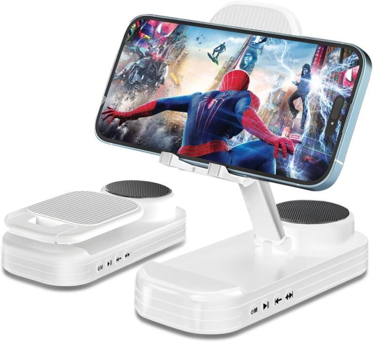 Phone Stand with Speaker HD Surround Sound Bluetooth Speaker Adjustable Phone Holder Desktop